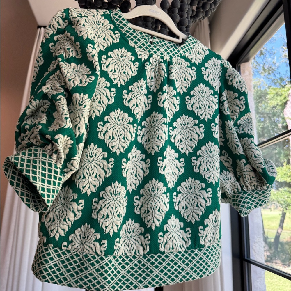 Green and White Patterned Blouse